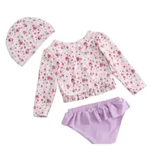 SENSIBLUE - Traje de Baño Niña 3 Piezas Floral Lila + Gorro -