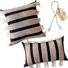 MANDIRHOME - SET 2 FUNDAS COJÍN FRANJA NEGRO Y YUTE + REGALO