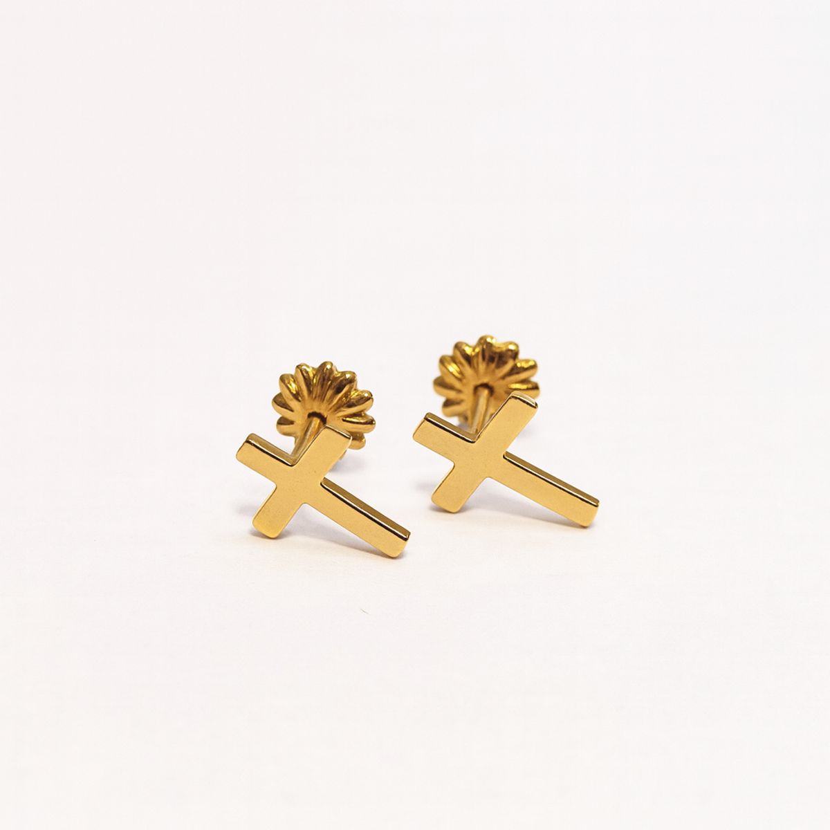 JIREH JOYAS - Aros Cruz Oro 18k Nacional 10x5mm Atornillado 1gr Unisex Hipoalergénicos