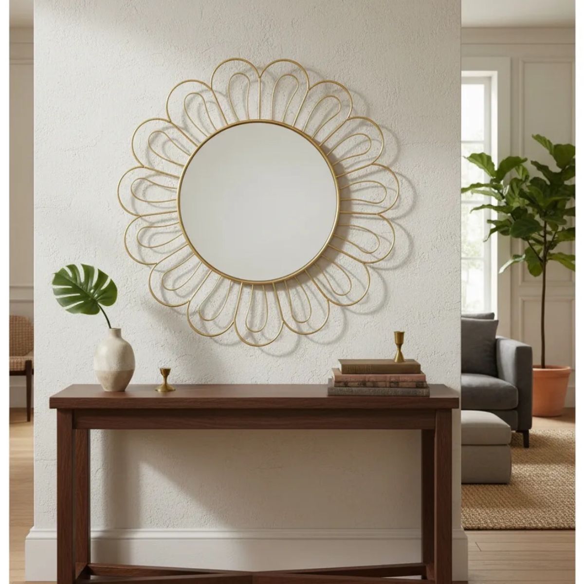 GENERICO - Espejo Decorativo Dorado 85cm Diseño Flor