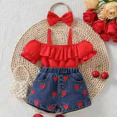 CHINA - Conjunto De 3 Prendas Top Rojo Con Vuelo + Short De Mezclilla Con Bordado De Corazones + Lazo CJ134