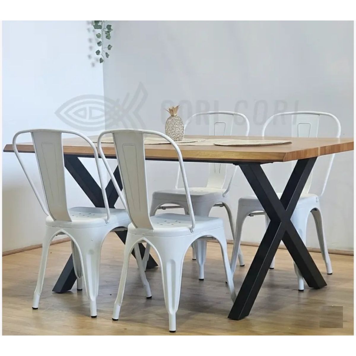CORI CORI - Juego de Comedor Medlock Rústica Base Metal 160x90 cm + 4 Sillas Tolix Industriales