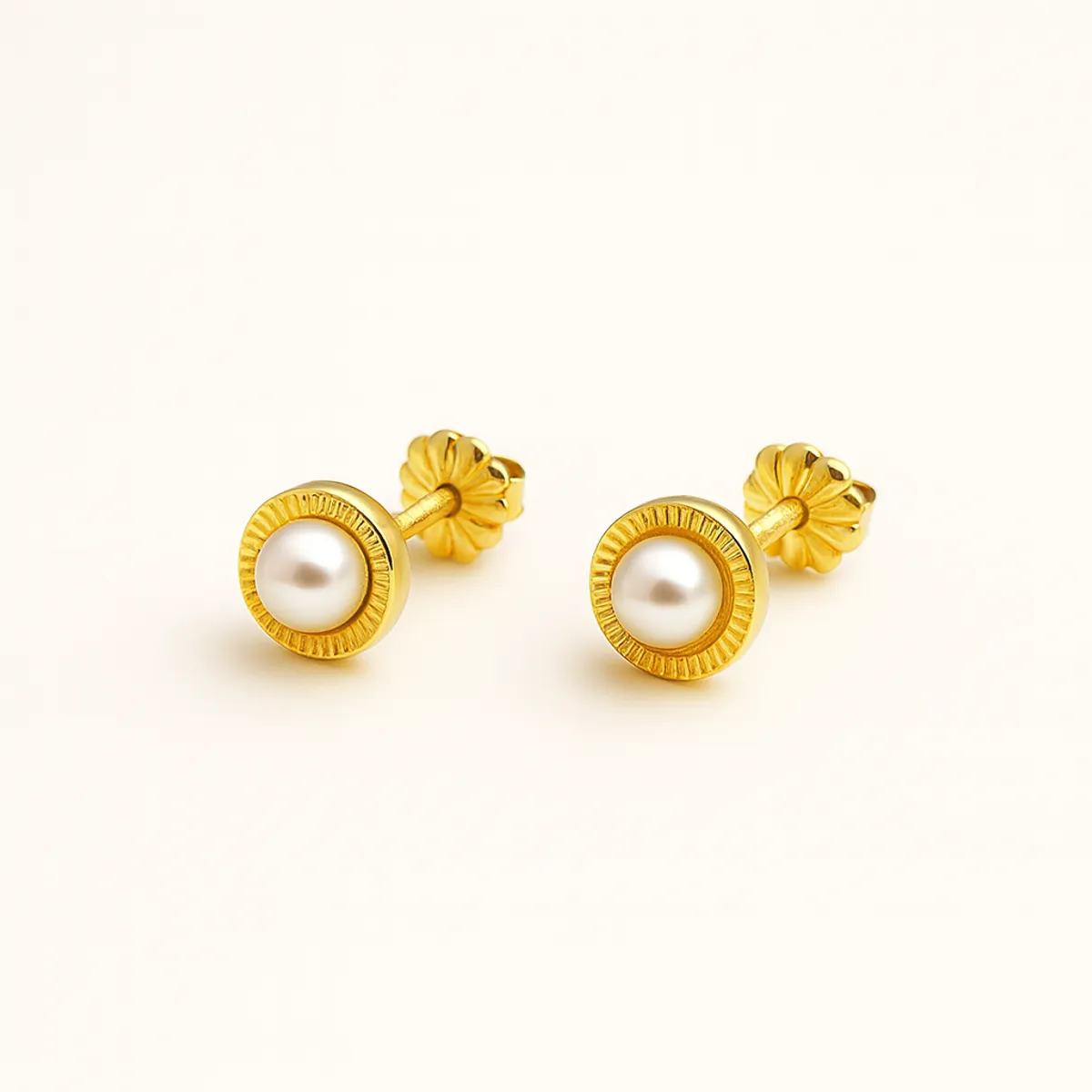 JIREH JOYAS - Aros Perla Blanca 3mm Redondela 5mm Oro 18K Atornillados 1.20gr Mujer Niña Elegantes