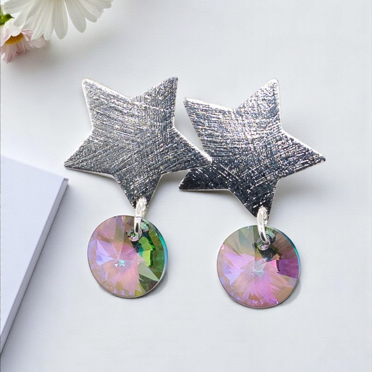 JOYAS MONTERO - Aros Star Baño de Oro Blanco 24k Creado con Cristal Swarovski® Paradise