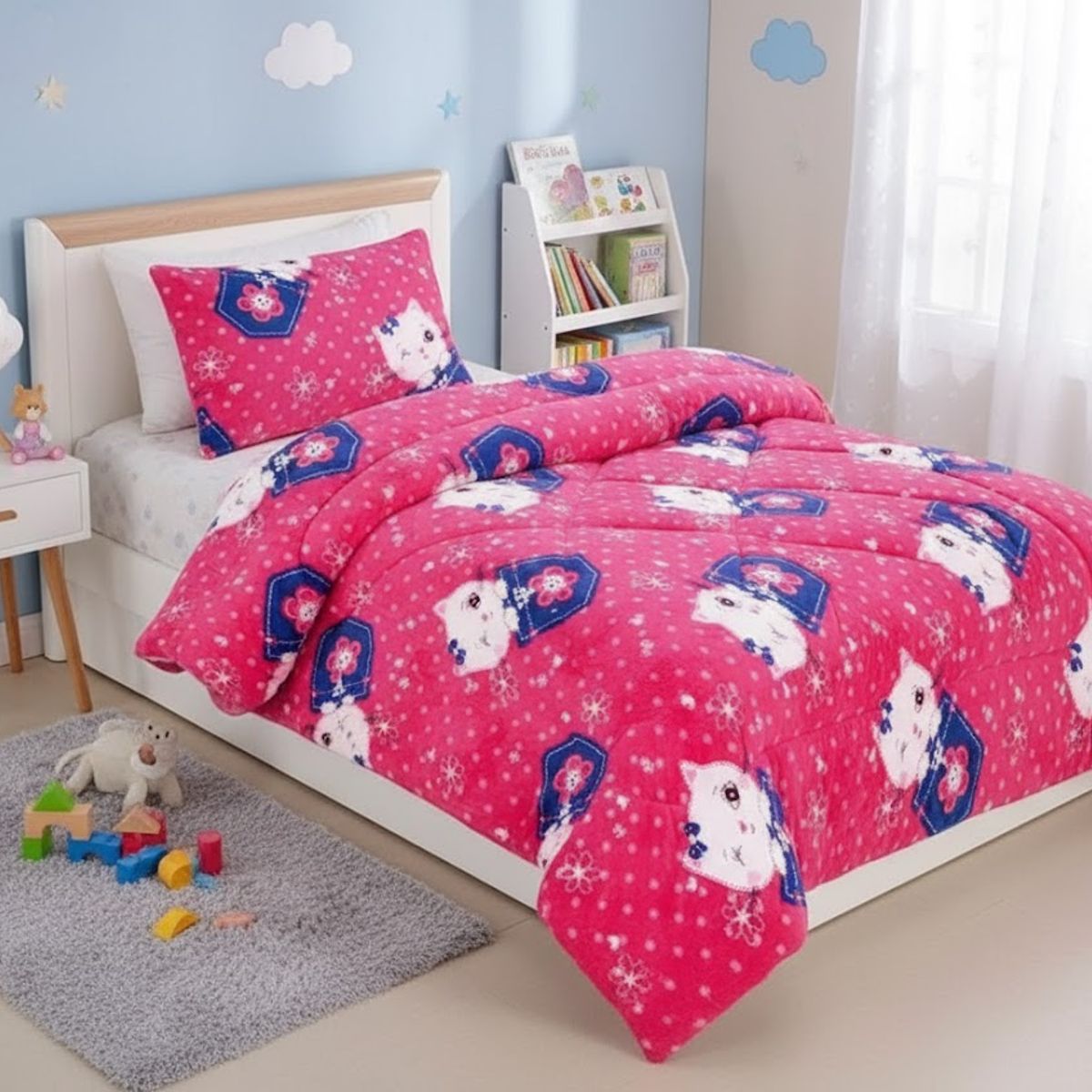 DIANA - COBERTOR DE NIÑA PARA INVIERNO PLUSH CON CHIPORRITO 1.5 PLAZA CON DISEÑO FUCSIA GATITA
