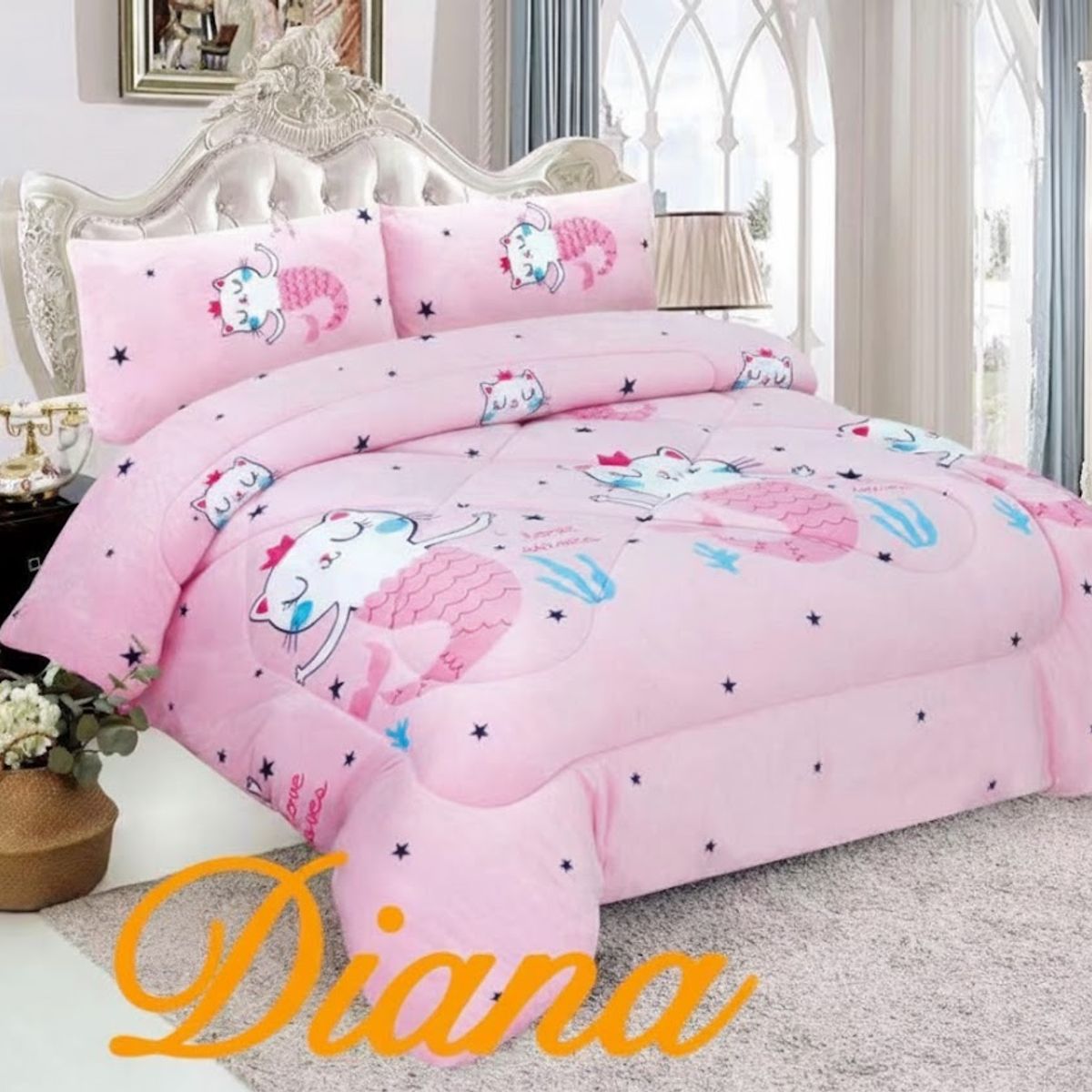 DIANA - COBERTOR DE NIÑA PARA INVIERNO PLUSH CON CHIPORRITO 1.5 PLAZA CON DISEÑO GATITA SIRENA