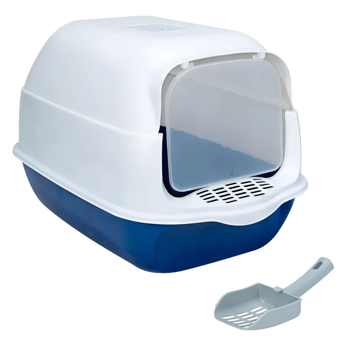 GENERICO - Arenero Sanitario Para Gato Cerrado Con Pala Puerta Abatible Color Azul Marino