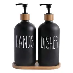 GENERICO - Set 2 Dispensadores De Jabon Vidrio Con Bandeja De Bambu