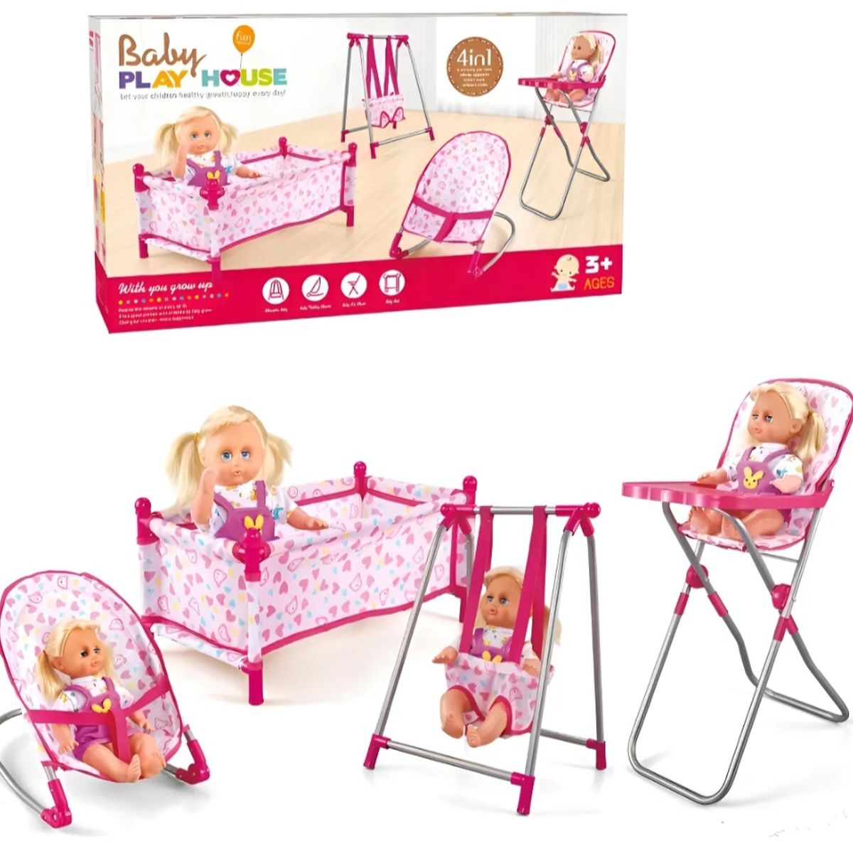 GENERICO - Set de juego 4 en 1 muñeca, silla, comedor, columpio y cuna