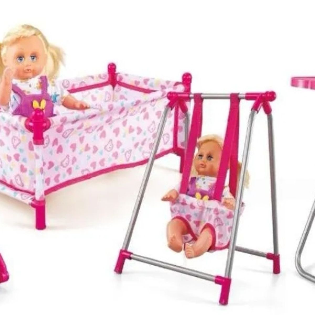 GENERICO - Set de juego 4 en 1 muñeca, silla, comedor, columpio y cuna