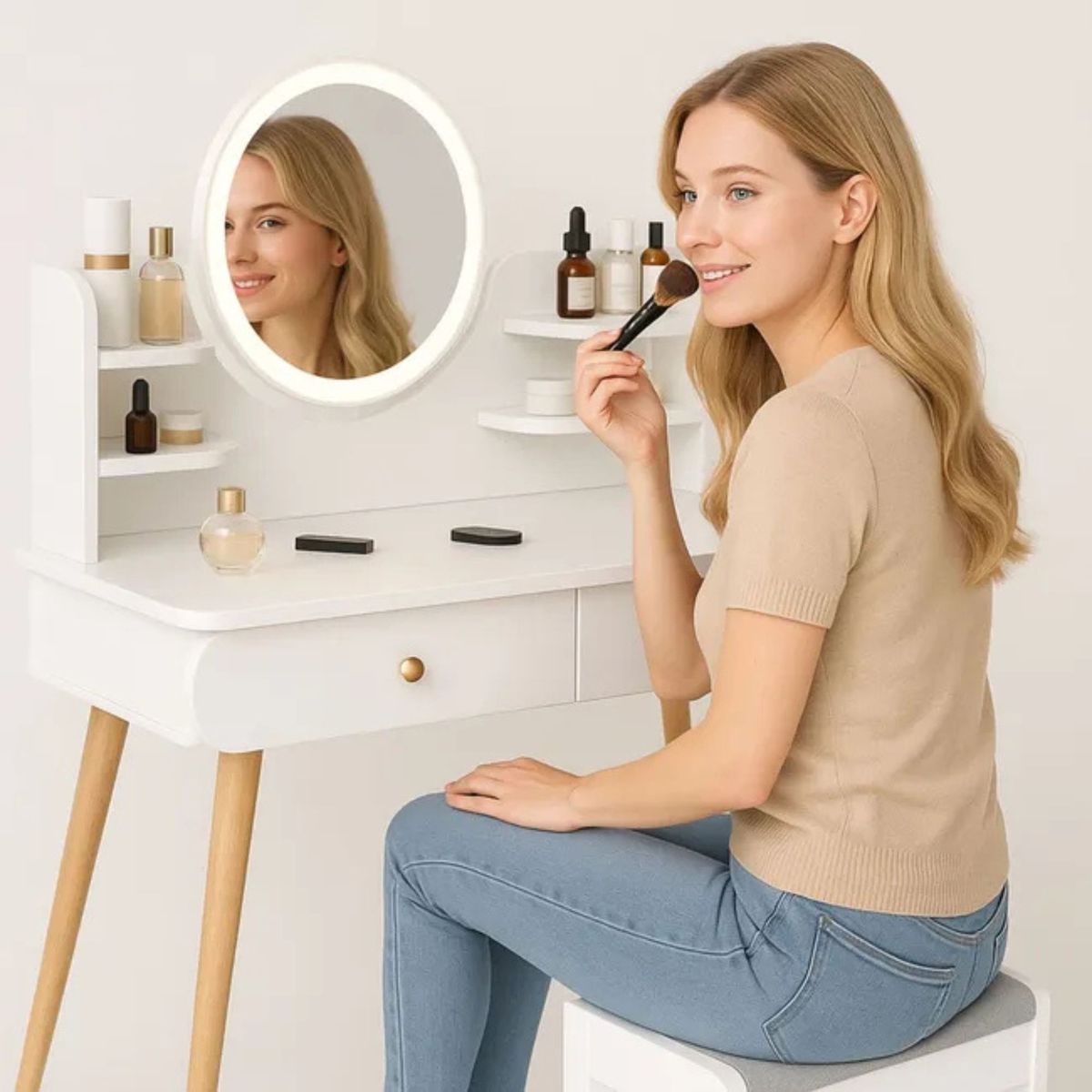 GENERICO - Tocador Moderno con Espejo de Luz Cajones y Asiento