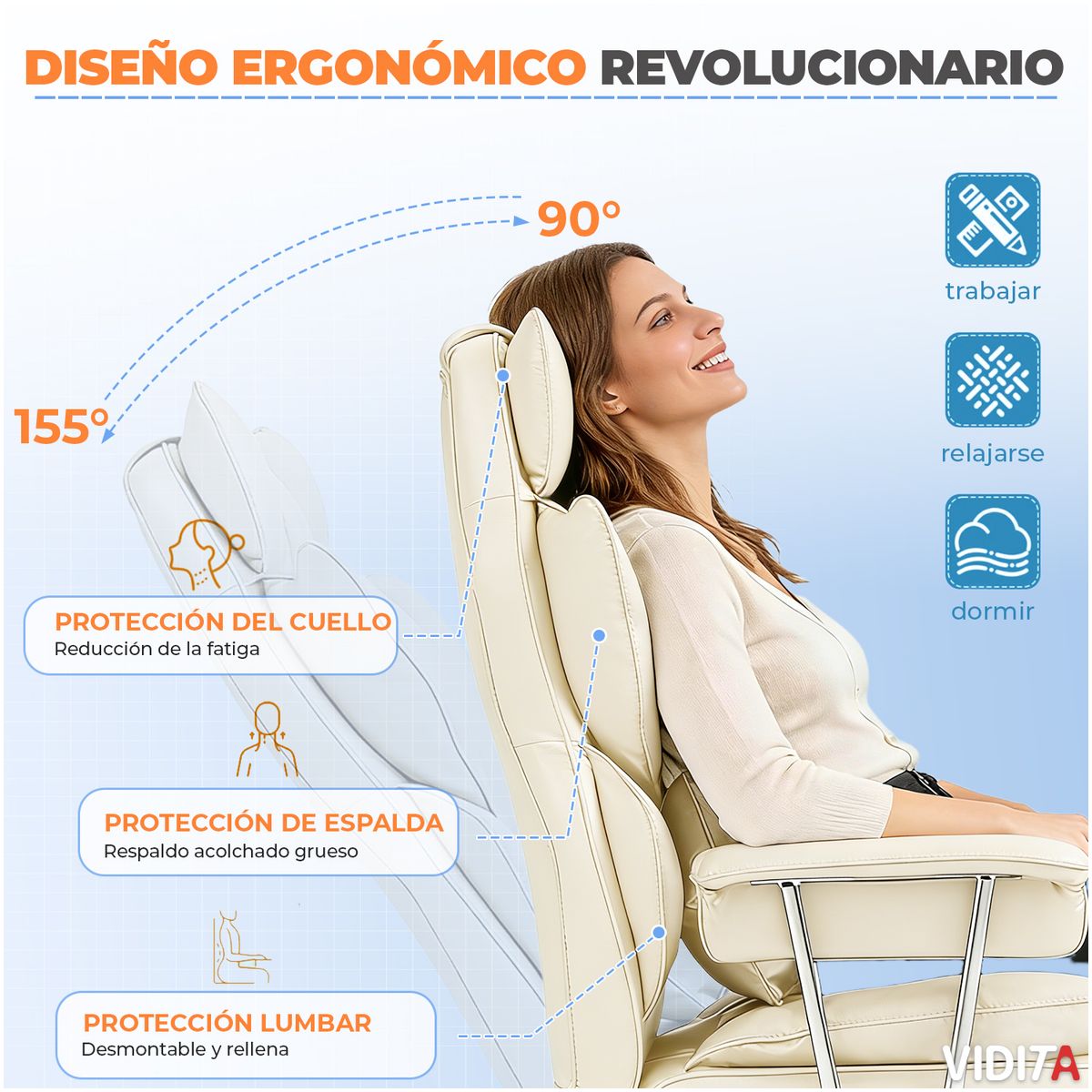 VIDITA - Silla Escritorio Ejecutiva Emilio Premium+ Oficina Ergonómica Pu Color Beige
