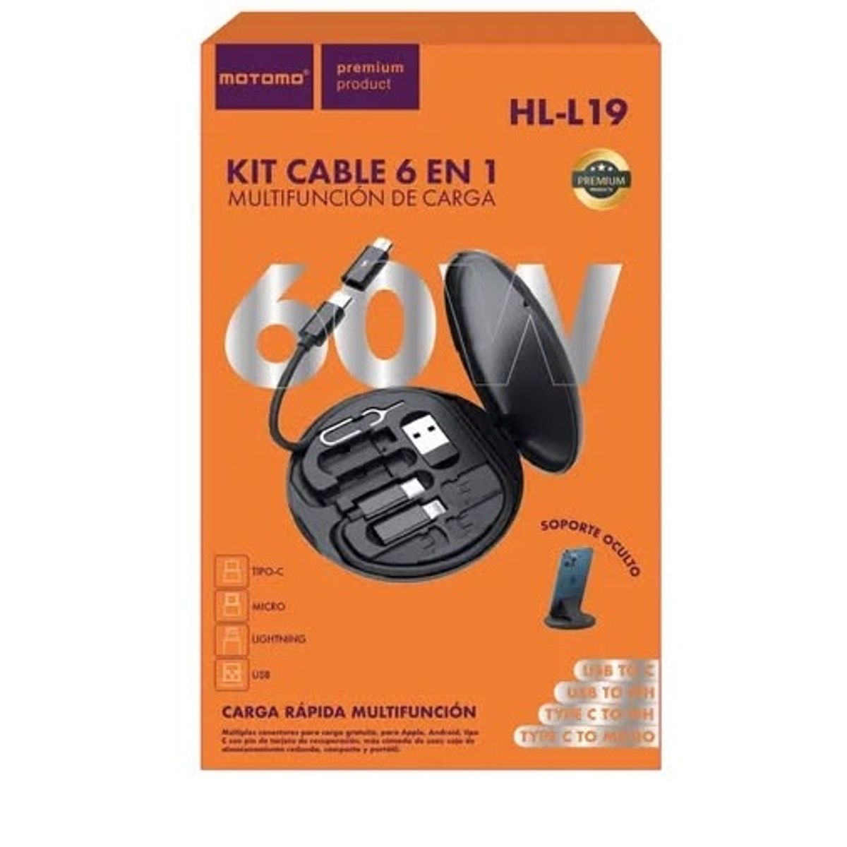 GENERICO - Kit Cable 6 En 1 Motomo Hl-L19 Tipo C+Micro+Lighting+USB