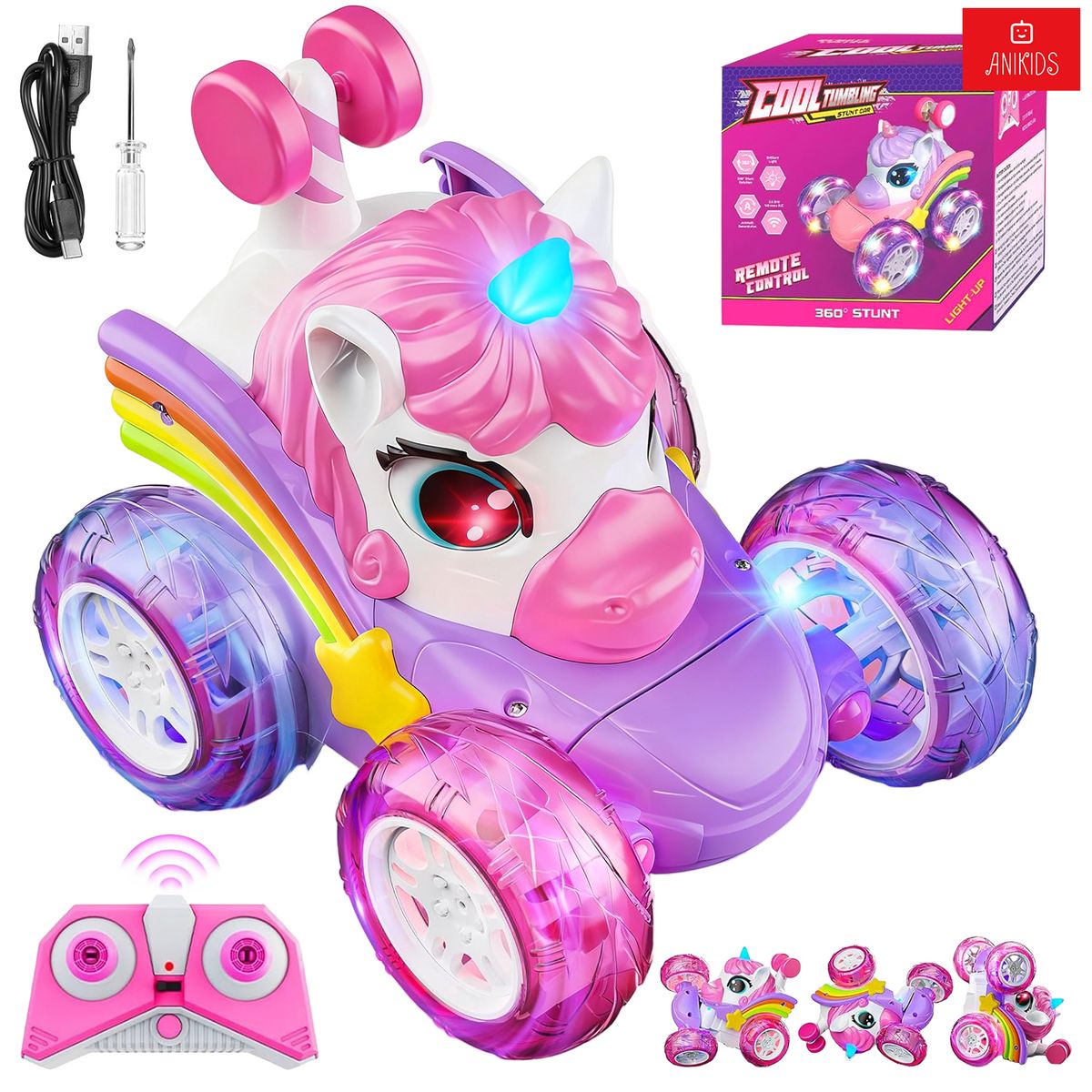 ANIKIDS - Auto De Truco Unicornio Control Remoto Luz Juguete Niño Niña Rosa