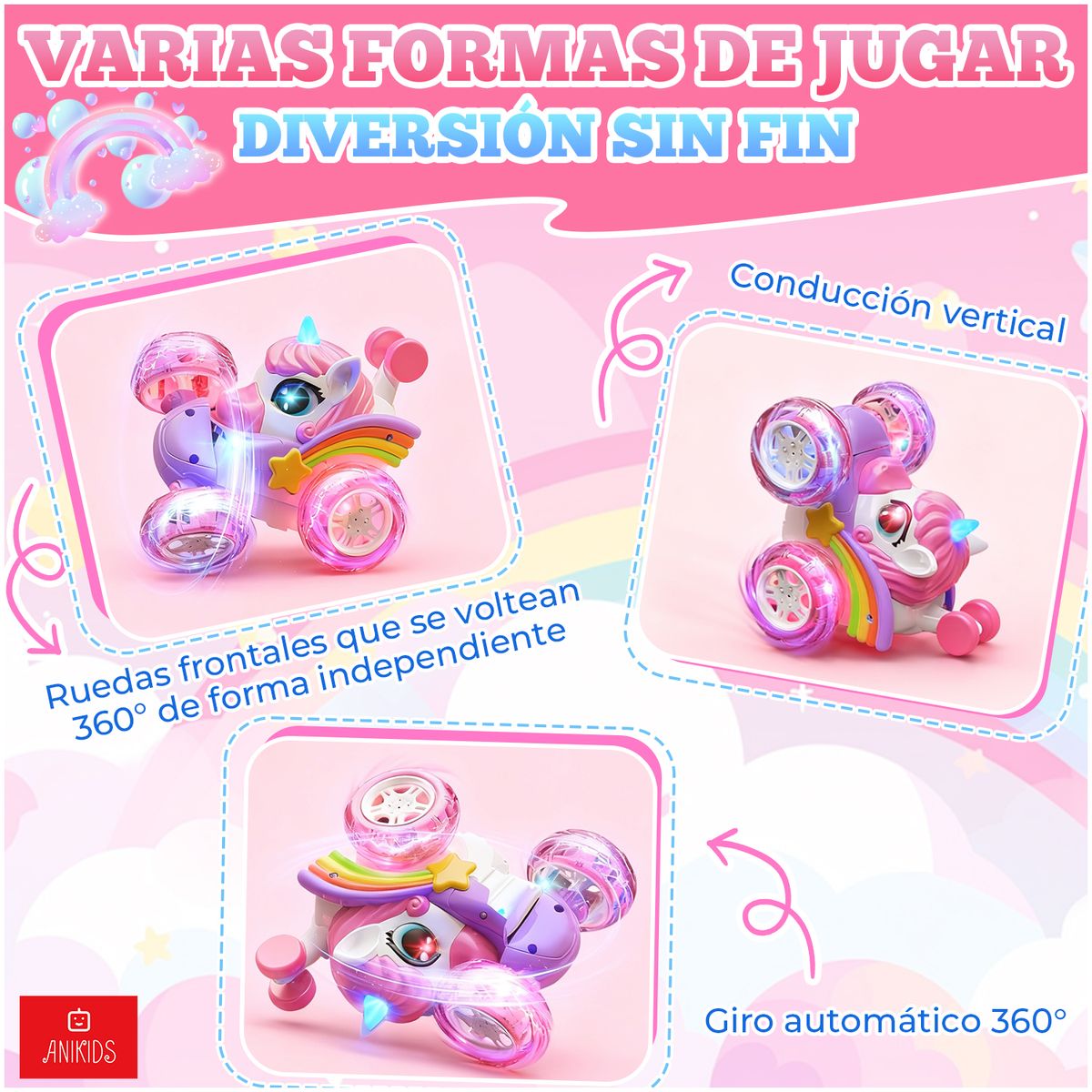 ANIKIDS - Auto De Truco Unicornio Control Remoto Luz Juguete Niño Niña Rosa