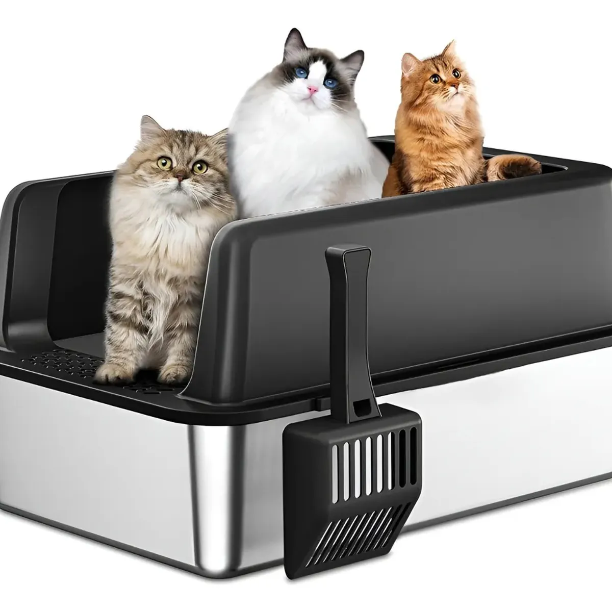 EVERSO - Arenero Gato Grande Baño Sanitario Acero Inoxidable Con Pala Negro
