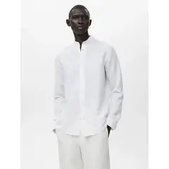 XPRESS RECHARGE - Camisa de Lino Hombre Manga Larga con Cuello Mao Fresca Elegante