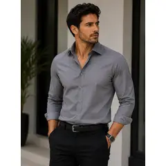 XPRESS RECHARGE - Camisa lisa Slim Fit Hombre Manga Larga Fucsia Gris morado y Celeste Elegante y Moderna