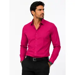 XPRESS RECHARGE - Camisa lisa Slim Fit Hombre Manga Larga Fucsia Gris morado y Celeste Elegante y Moderna