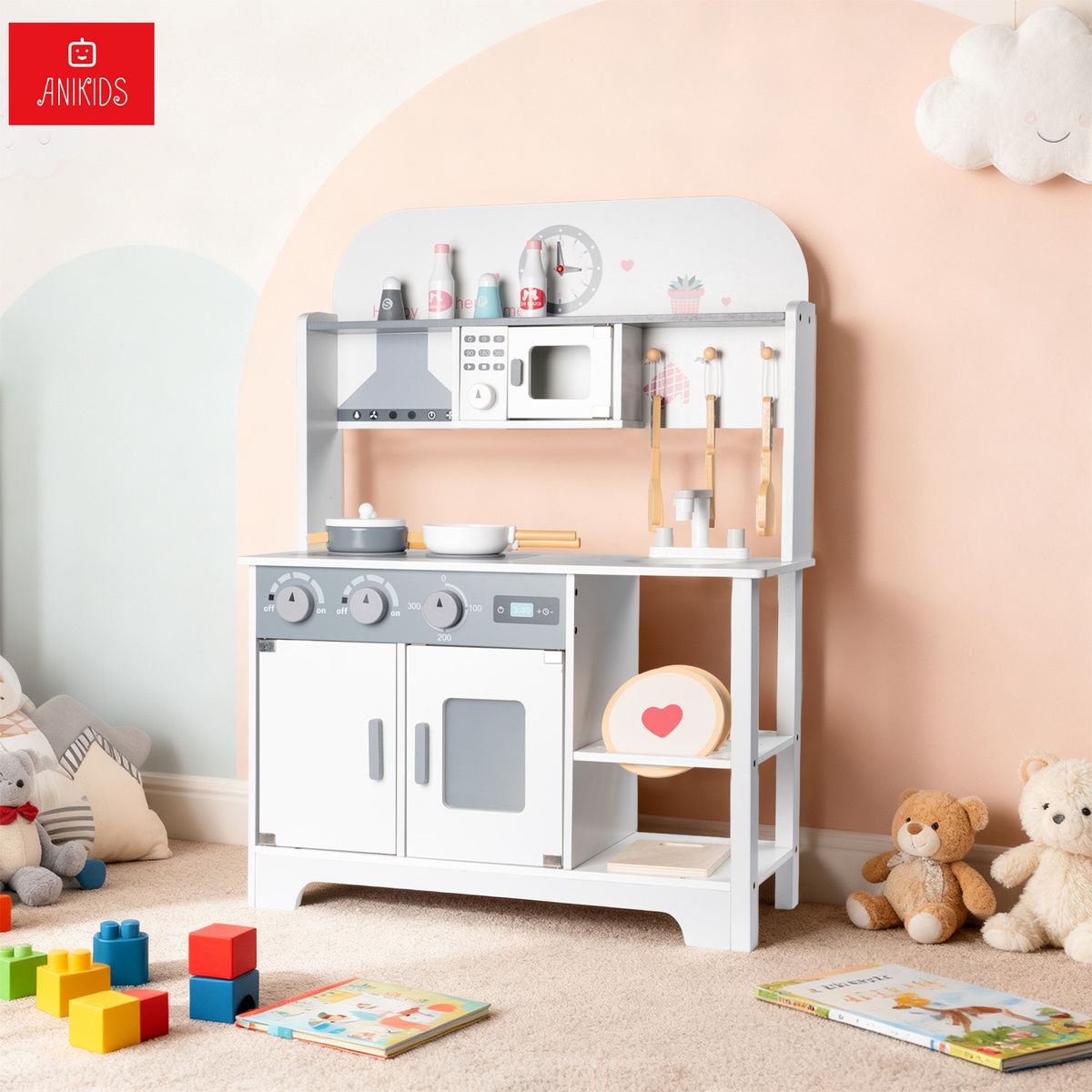 ANIKIDS - Cocina De Madera Infantil Estilo Kawii Juguete Para Ninos Color Blanco