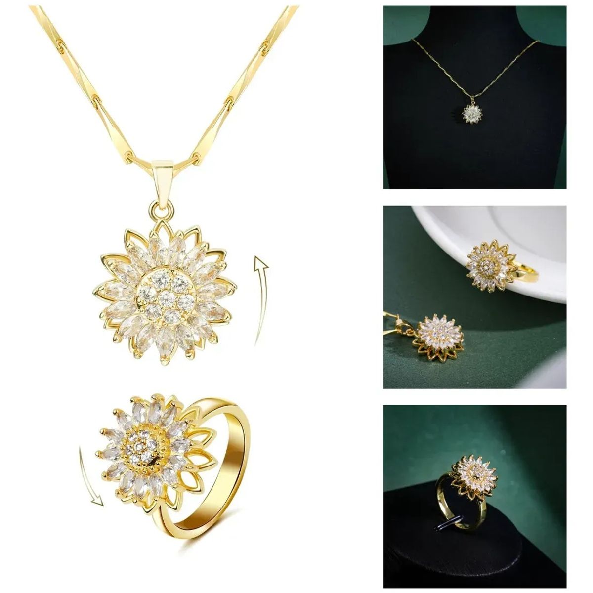 KUANGYE - Set Collar Girasol Giratorio + Anillo Ajustable De Girasol