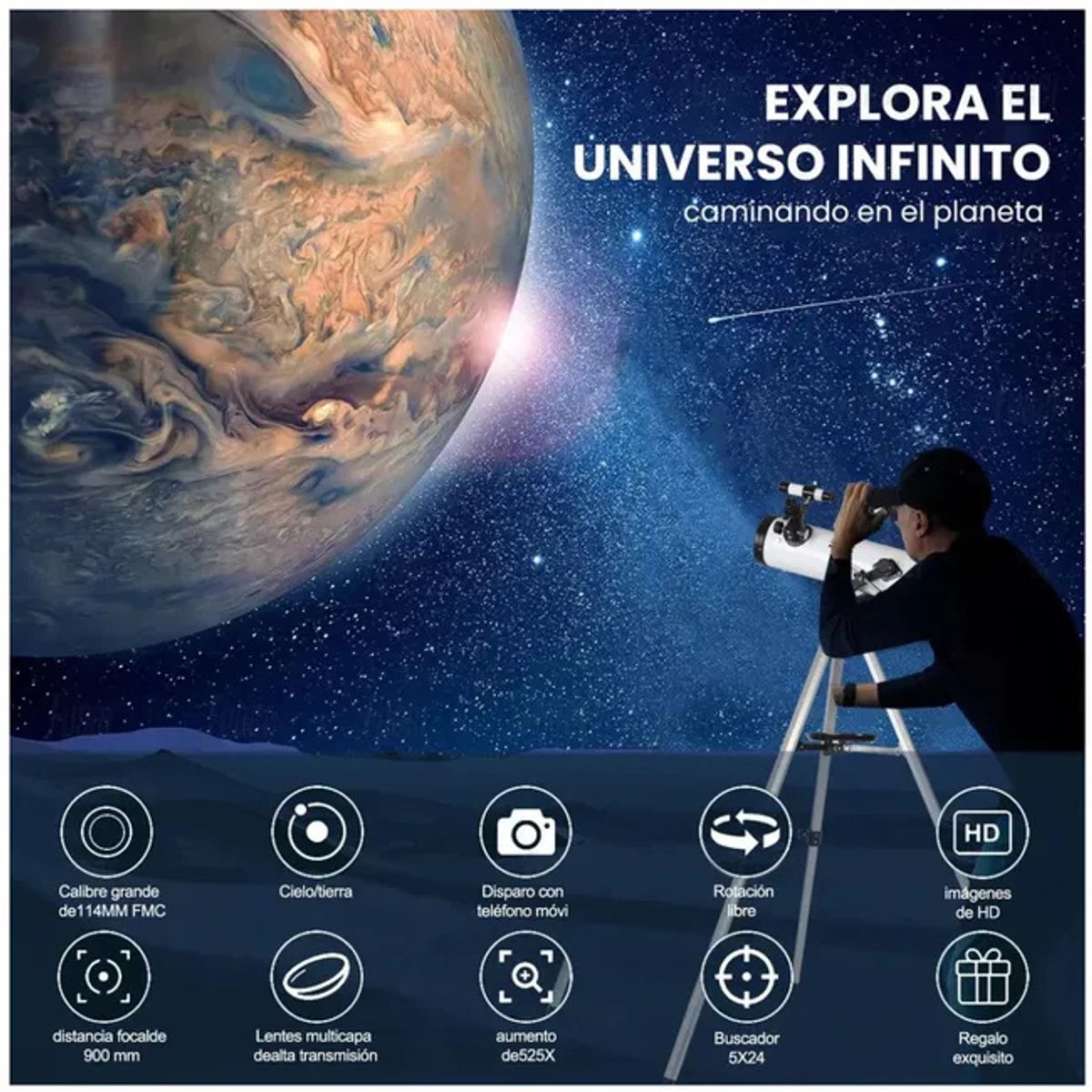 KUANGYE - Reflectivo Profesional Telescopio Astronómico F70076 Ultra HD Con Trípode Portátil Ajustable