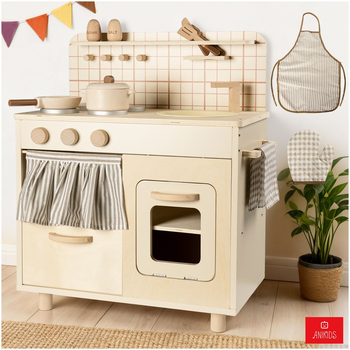 ANIKIDS - Cocina De Madera Infantil Estilo Rústico Juguete Para Niños Color Beige
