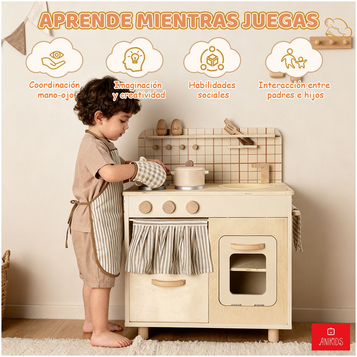 ANIKIDS - Cocina De Madera Infantil Estilo Rústico Juguete Para Niños Color Beige