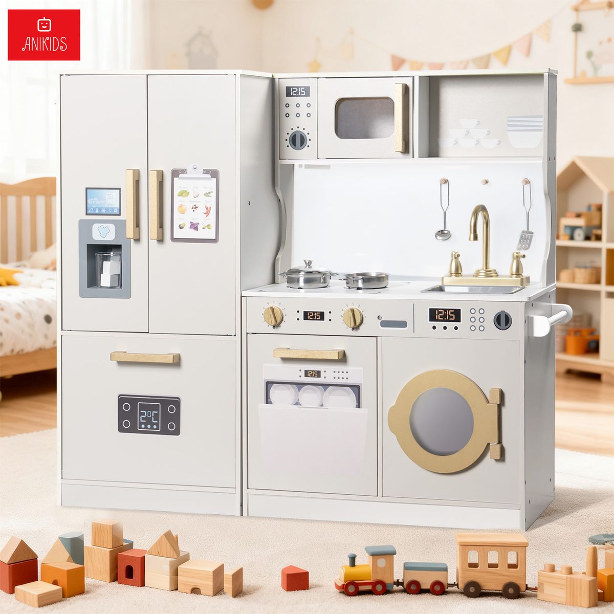 ANIKIDS - Cocina De Juguete Infantil De Madera Extra Grande 100x89cm Color Crema