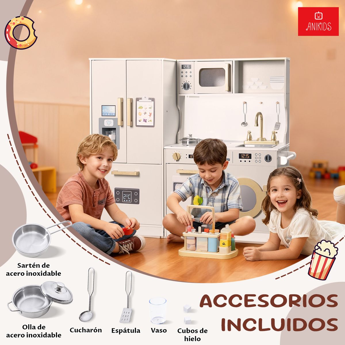 ANIKIDS - Cocina De Juguete Infantil De Madera Extra Grande 100x89cm Color Crema
