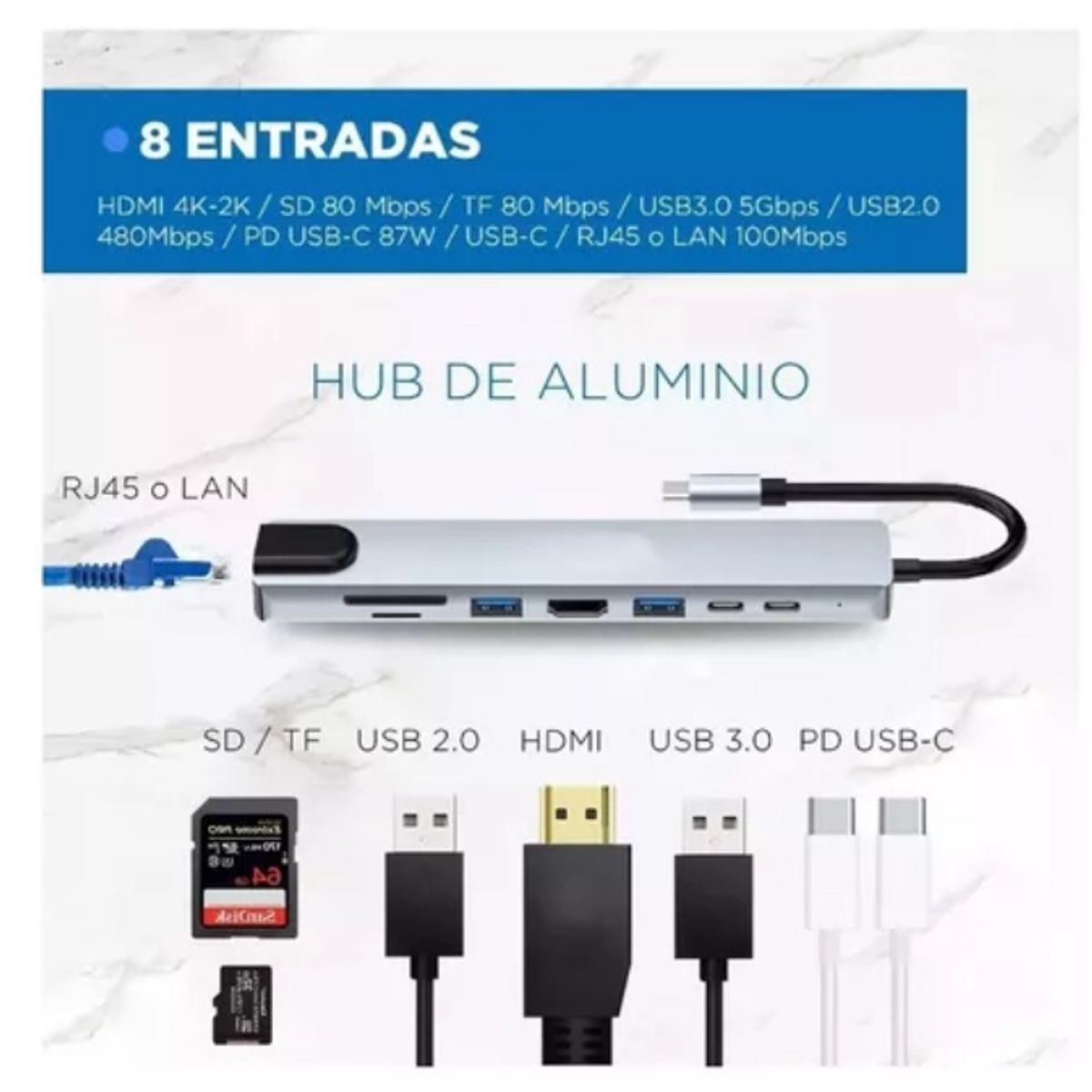 GENERICO - Hub 8 En 1 USB-C Con HDMI 4K, Rj45 y Carga PD 100Mbps