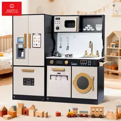 ANIKIDS - Cocina De Juguete Infantil De Madera Extra Grande 100x89cm Color Negro con Crema