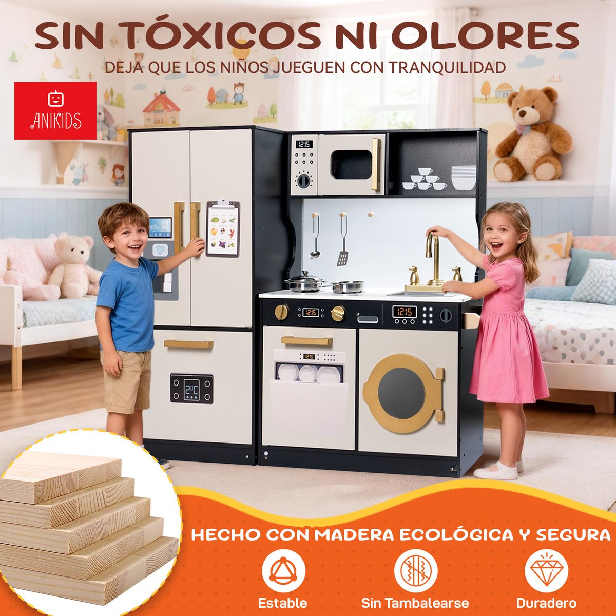 ANIKIDS - Cocina De Juguete Infantil De Madera Extra Grande 100x89cm Color Negro con Crema