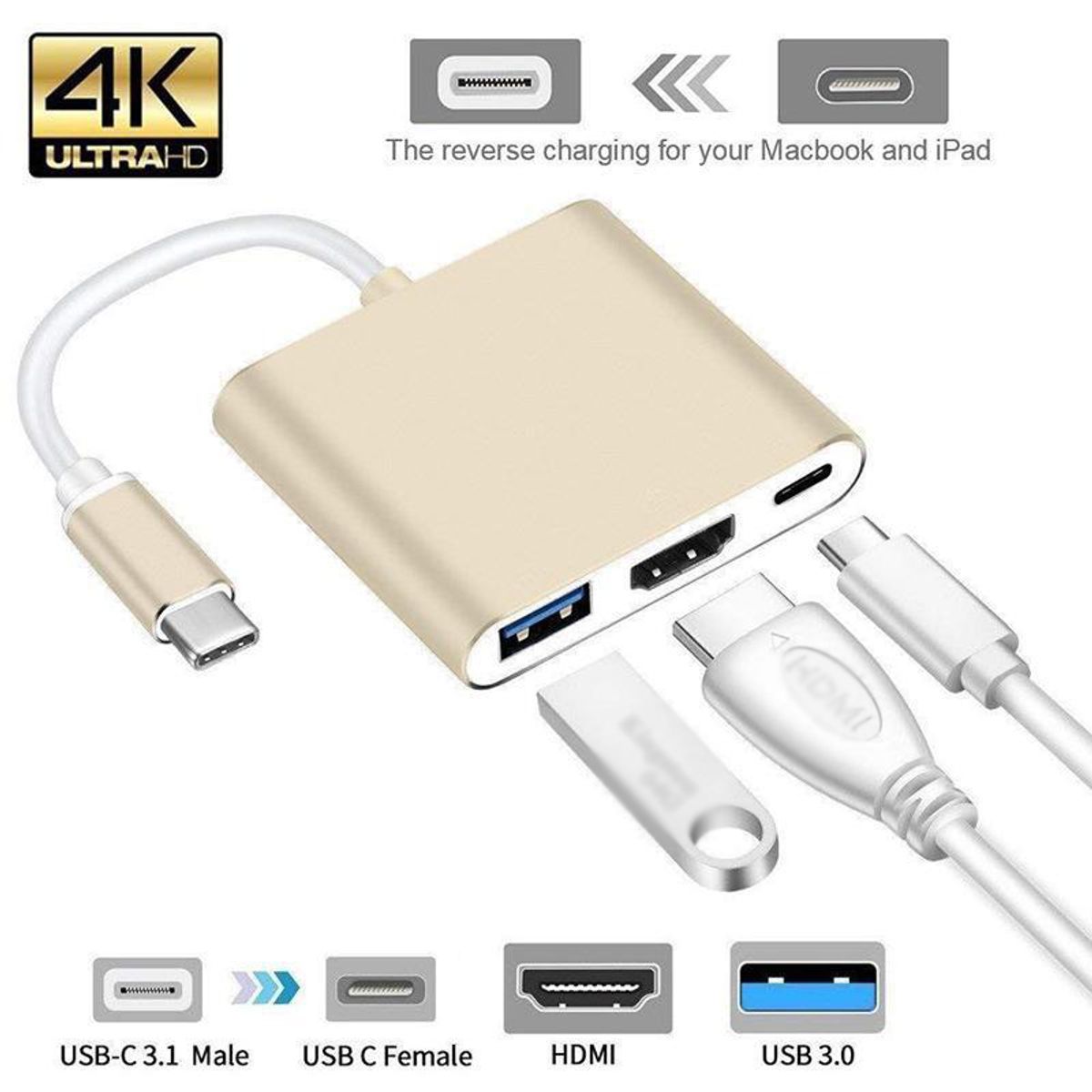 GENERICO - Adaptador 3 En 1 USB-C Con  USB 3.0, USB-C y HDMI 4K Para Mac, PC y Switch