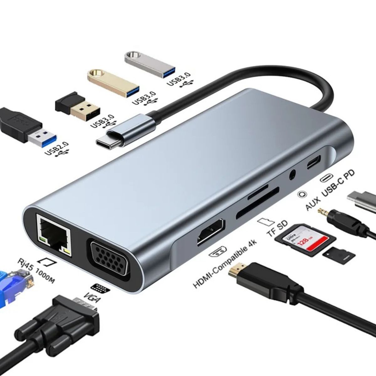GENERICO - Hub 11 En 1 USB-C Ccon 4K, Gigabit Ethernet y Carga PD 1000Mbps