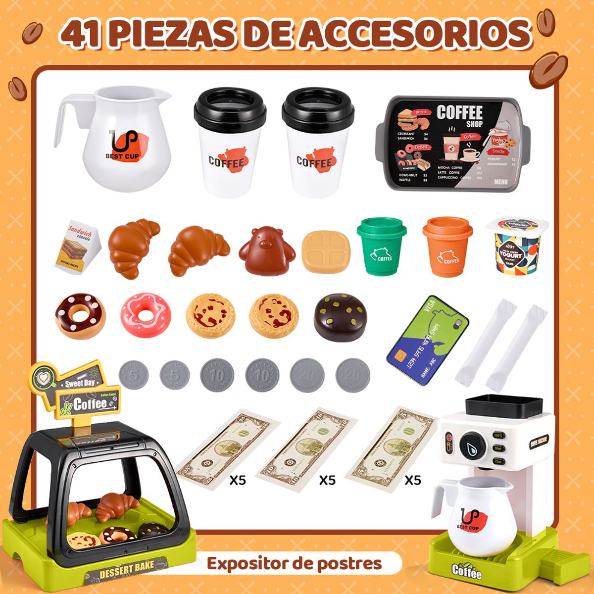 LUKOVEE - 42 Pcs Mesa De Postres Simulación Cafetera Puede Dispensar