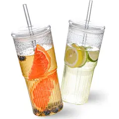 EINICIO - 2 Pcs 600ML Taza de vidrio con Tapa y Pajita