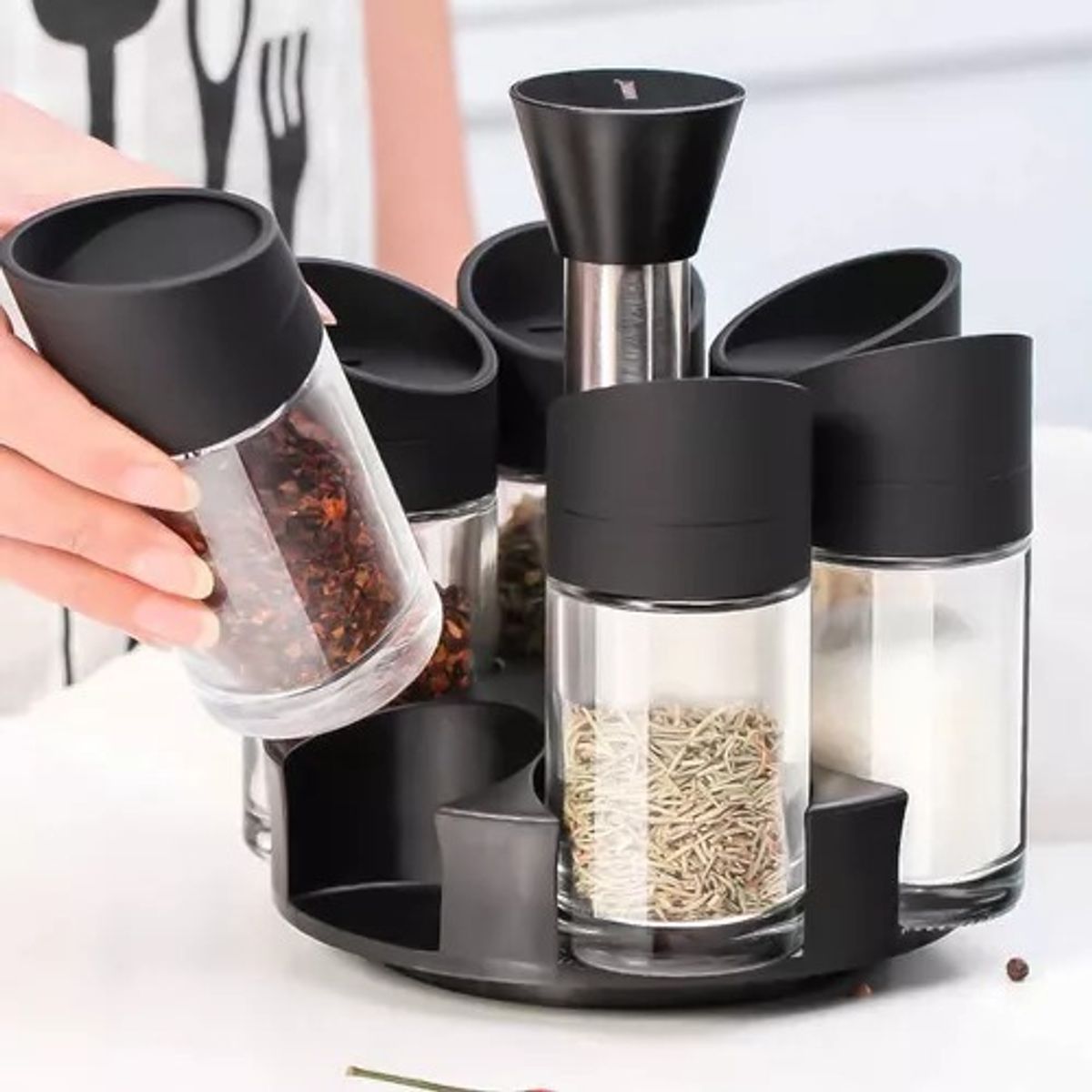 GENERICO - Especiero Condimenteros 2 Niveles Set 12 Envases Giratorio Negro