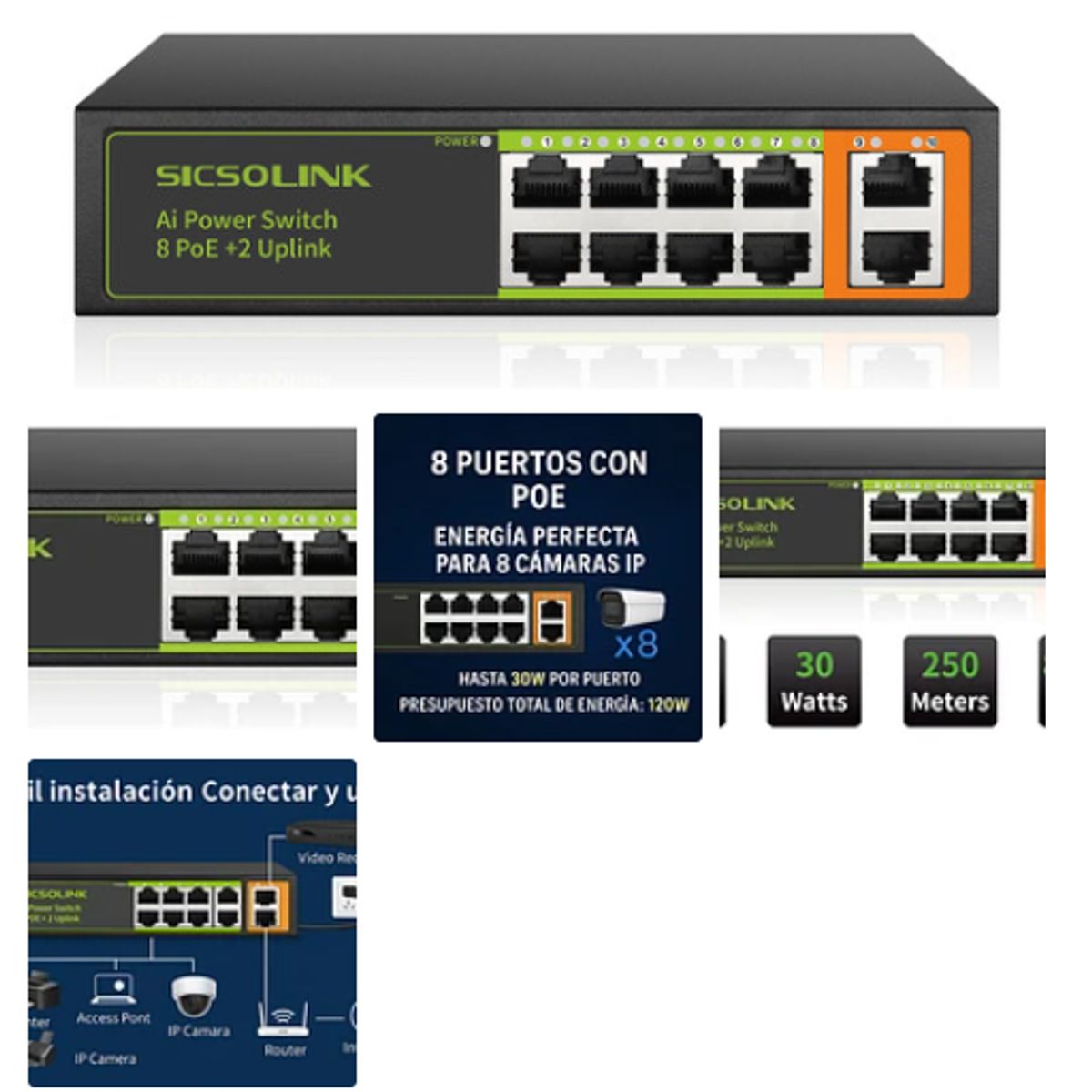 GENERICO - Switch 10 Puertos 8 Poe+ Uplink 8023afat 120w