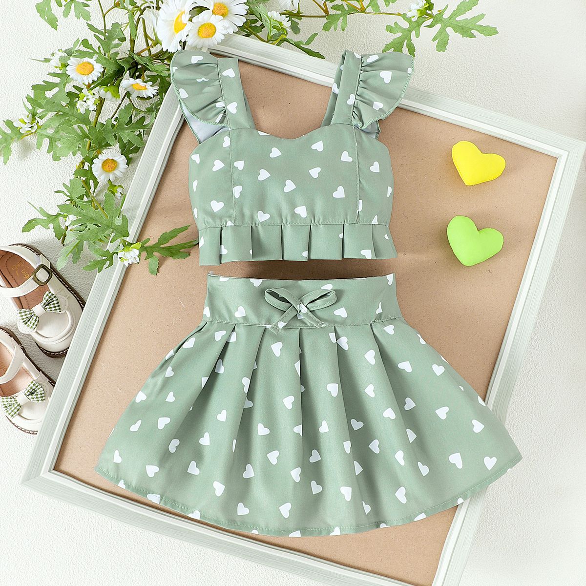 CHINA - Conjunto De 2 Prendas Top Manga Corta Y Falda Menta Con Estampado De Corazones CJ128