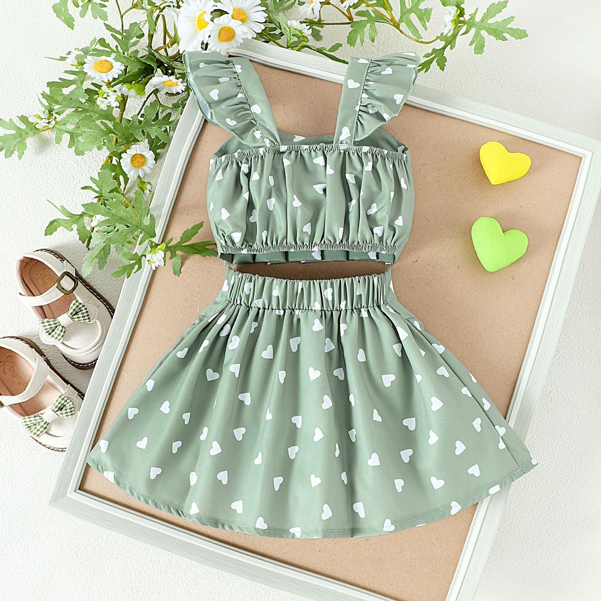 CHINA - Conjunto De 2 Prendas Top Manga Corta Y Falda Menta Con Estampado De Corazones CJ128