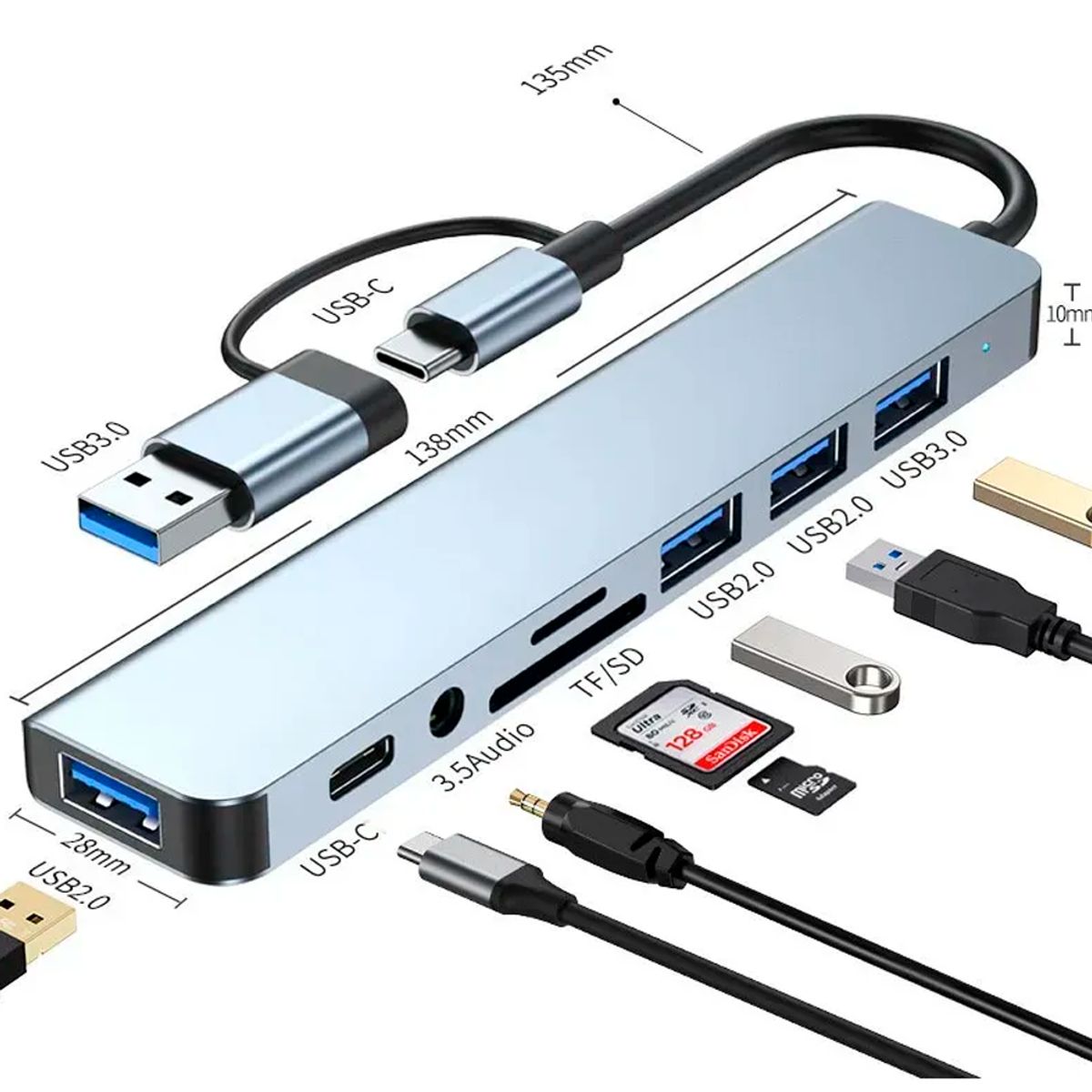 GENERICO - Hub Adaptador Usb Tipo C 8 En 2 Para Mac Macbook Windows Pc Plateado
