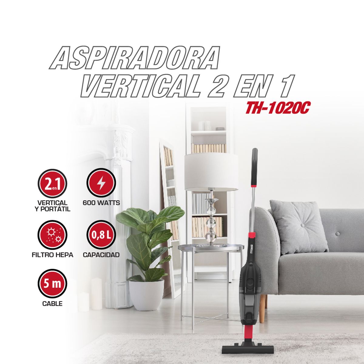 THOMAS - Aspiradora Vertical Thomas 2 en 1, Filtro Hepa TH-1020C