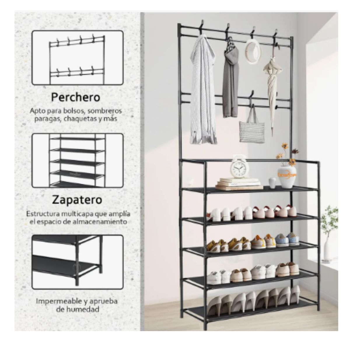 GENERICO - Zapatero Organizador Colgador Zapatos Armario Perchero Color Negro 5 niveles