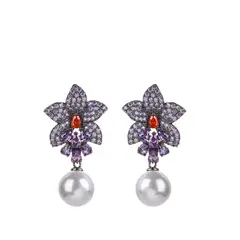 VANE COLLECTION - Aros mujer finos colgante flor morada con rojo perla con baño de rodio negro y circones