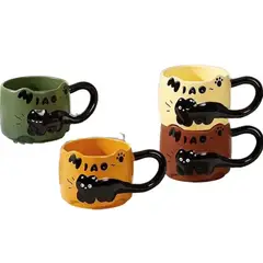 SUKEA - 4pcs Taza Cerámica Diseño Gato 380ml Varios Colores