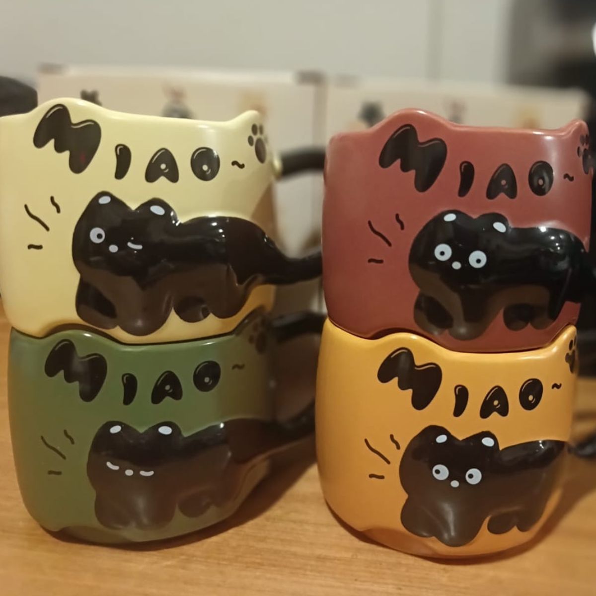 SUKEA - 4pcs Taza Cerámica Diseño Gato 380ml Varios Colores