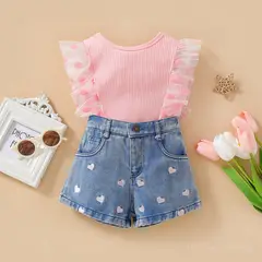 CHINA - Conjunto 2 Piezas Short Mezclilla Bordado Corazones + Polera Rosado Con Vuelo CJ129