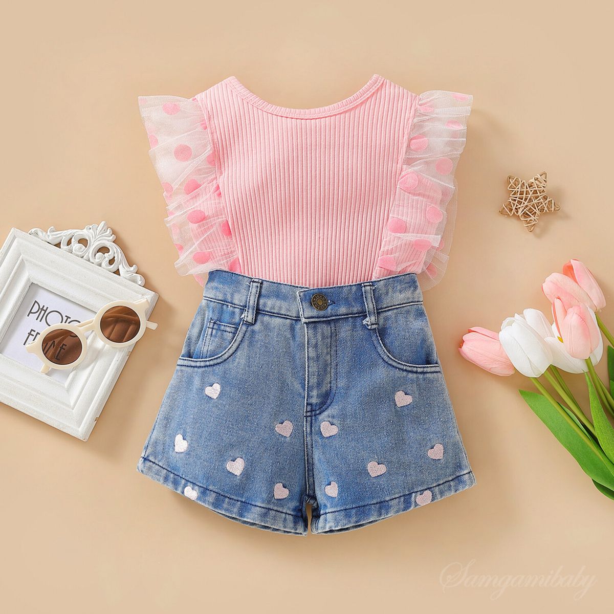CHINA - Conjunto 2 Piezas Short Mezclilla Bordado Corazones + Polera Rosado Con Vuelo CJ129
