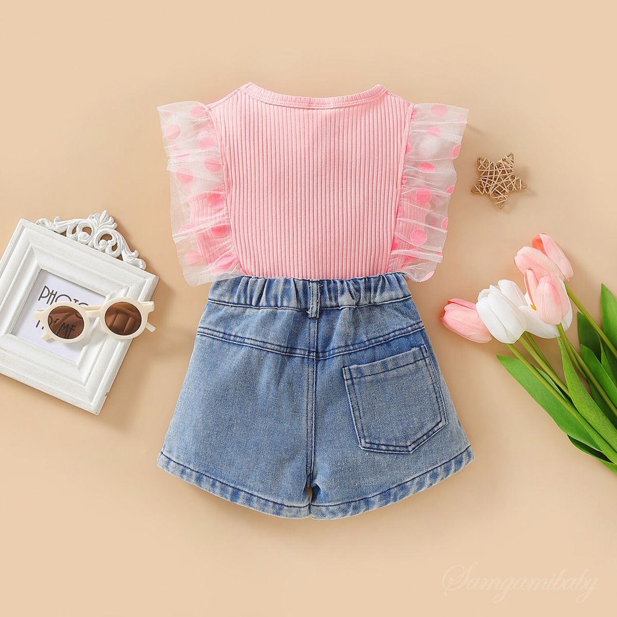 CHINA - Conjunto 2 Piezas Short Mezclilla Bordado Corazones + Polera Rosado Con Vuelo CJ129